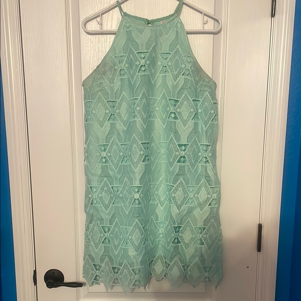 Mint Green Lace Halter Dress with Keyhole Back